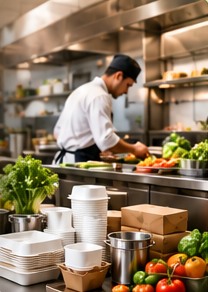 Chef preparing food in a commercial kitchen stocked with supplies